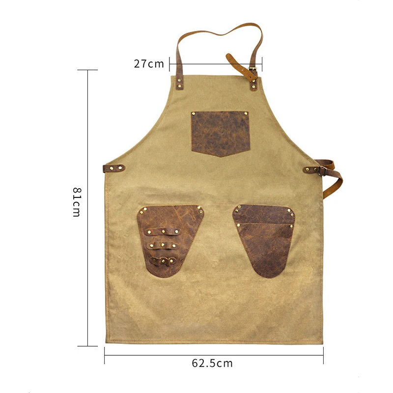 Canvas Apron Work Shop Aprons with Geniune Leather Tool Pockets Straps Working Uniform for Barber Barista Bar Artisan Gardener