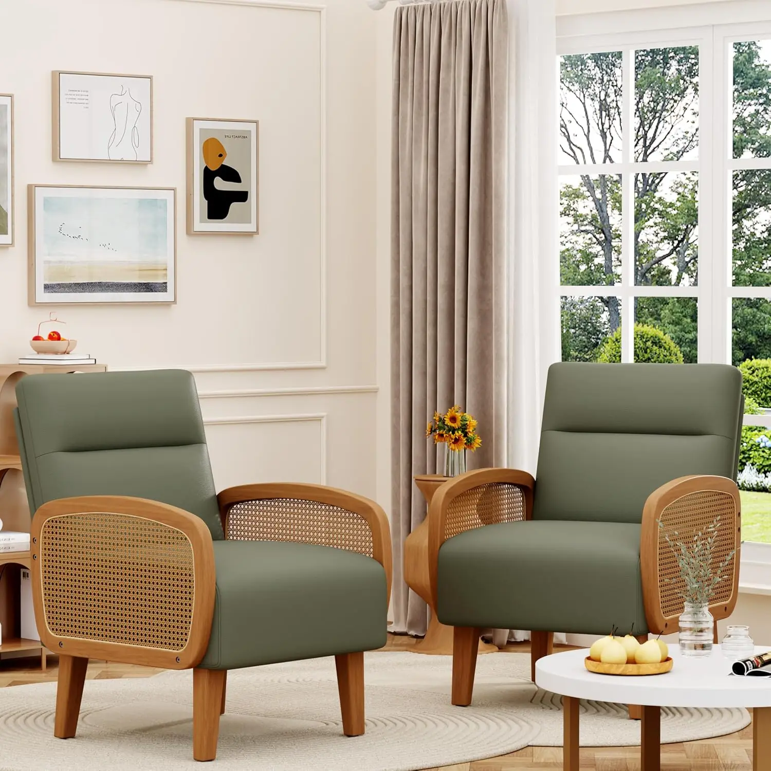 Green Upholstered Faux Leather Rattan Armchair Modern Bedroom Living Room Set of 2, Customized