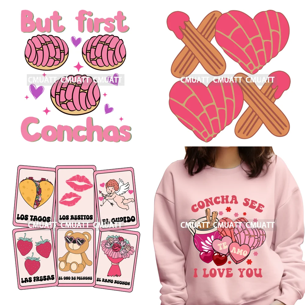 الوردي Conchas XOXO لاتينا المكسيكي عيد الحب يقتبس الحلو مثل عموم Dulce الحديد على ملصقات نقل DTF جاهزة للضغط على هوديس