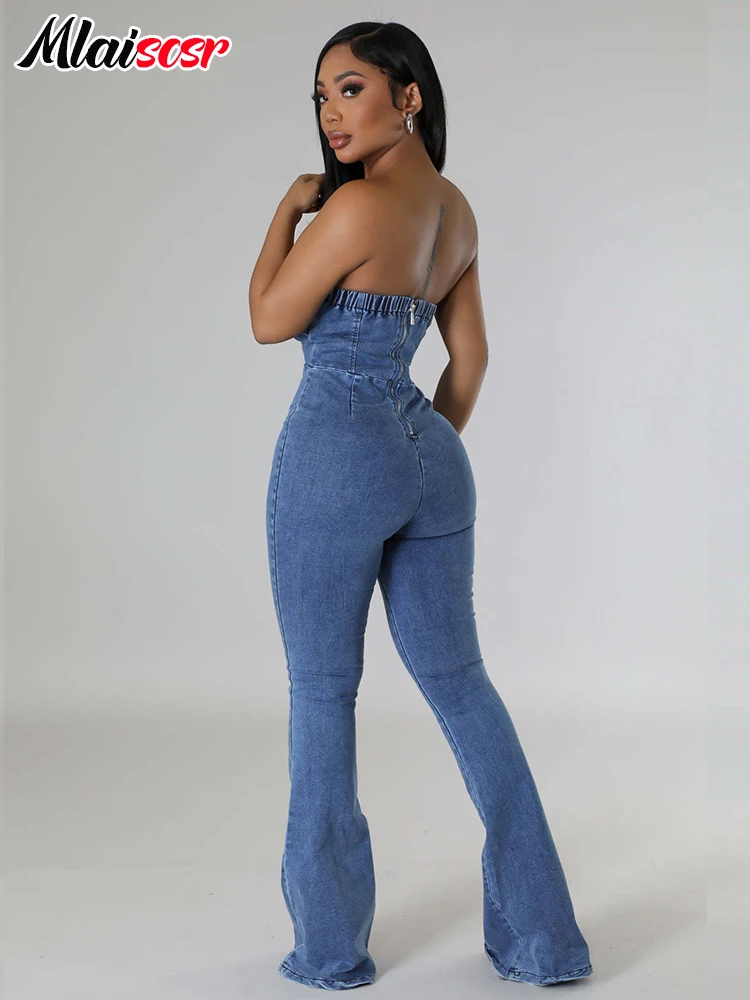 Mlaiscsr Fashion Stretch Denim Jumpsuit Women Sexy Strapless Off Shoulder Backless Elegant Flare Jeans Romper Street Overalls