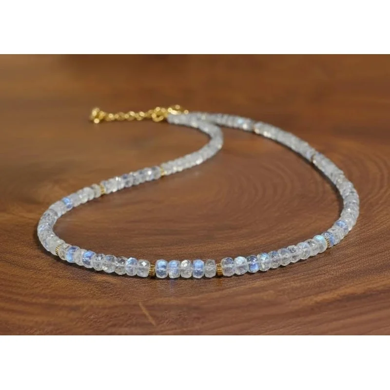 Rainbow Moonstone Faceted Rondelle Gemstone Beads Handmade Choker Necklace 18''