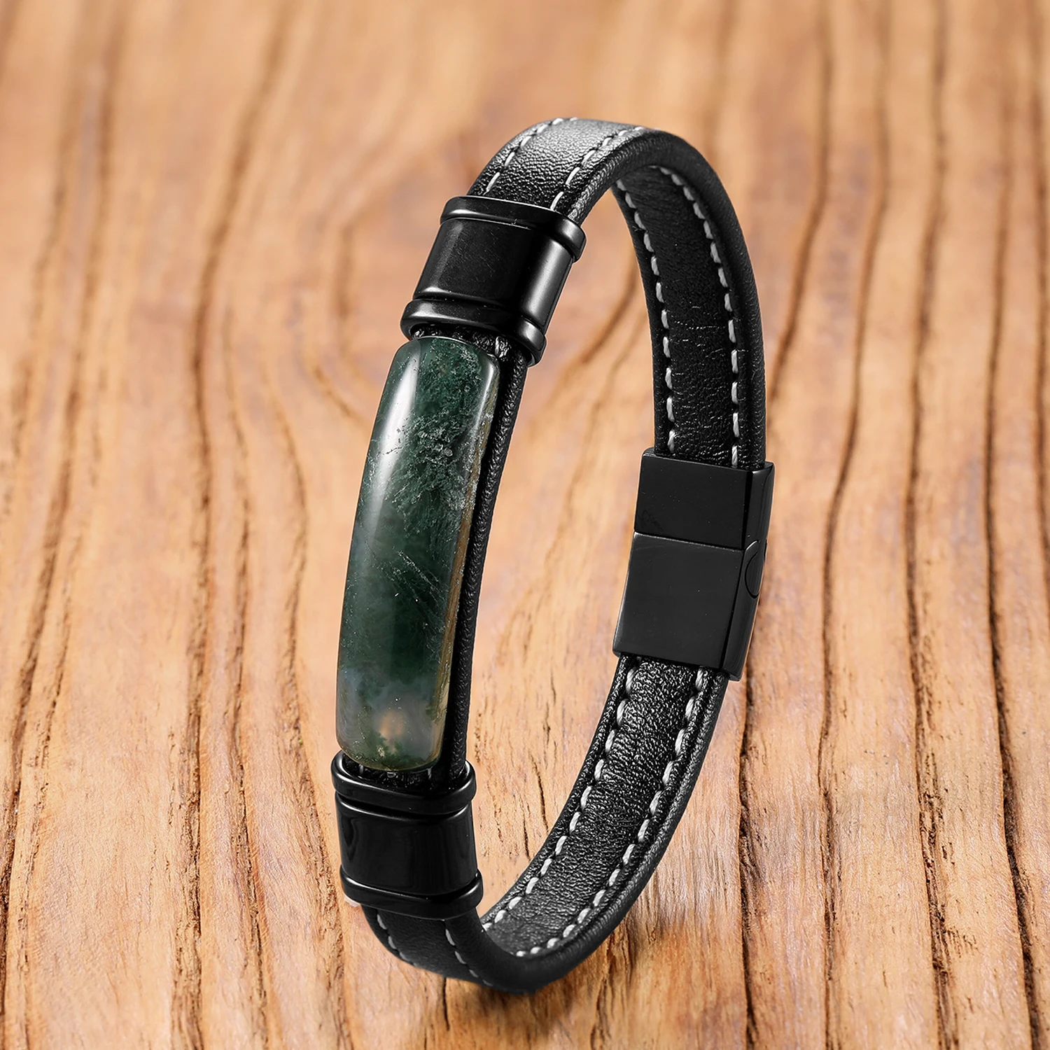 15 Style Chakra Arc Stone Bracelets, Natural Curved Gem Stones with Braided Leather Stainless Steel Accessories Jewelry