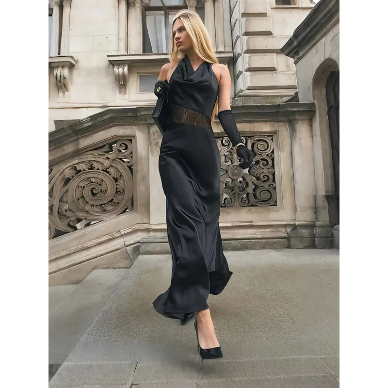 

Черное кружевное прозрачное длинное платье с V-образным вырезом, завышенной талией, облегающее, с открытой спиной, из атласа, элегантное, для женщин, для офиса и вечеринок