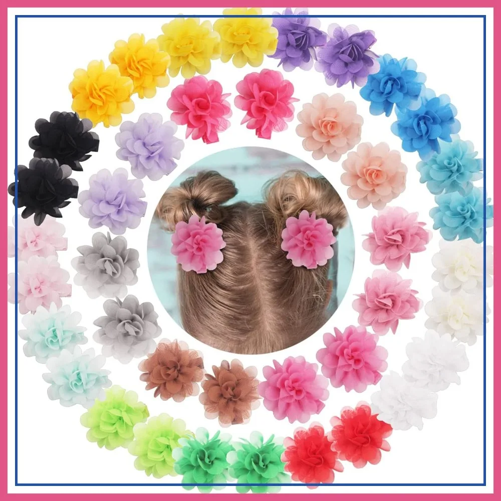 40 Pcs 2 Inch Chiffon Flower Hair Clips for Girls, Tiny Hair Bows for Infants Toddlers Kids Fine Hair, Set of 20 Pairs