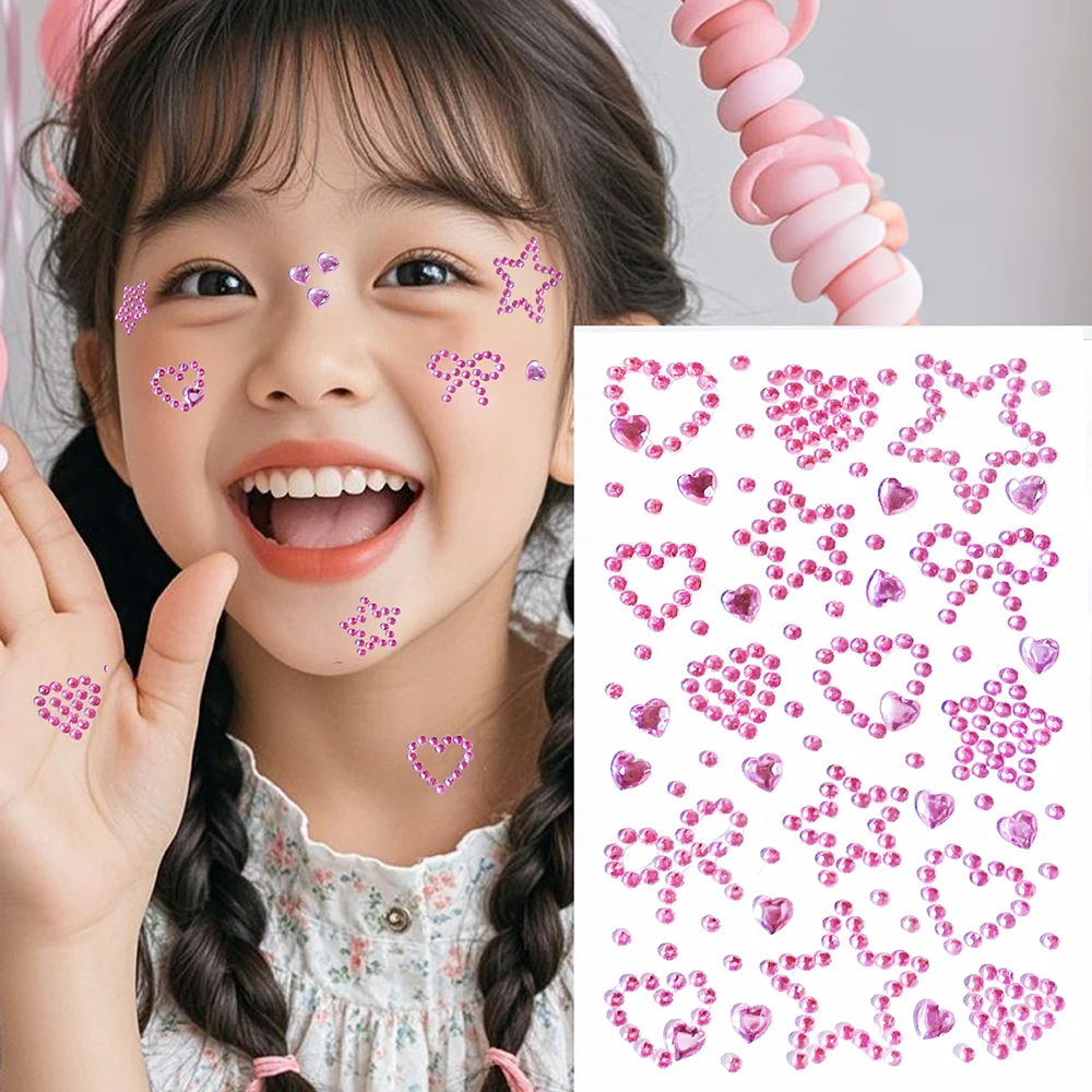

1Sheet 5D Purple Heart-Shaped Face Stickers DIY Star Diamond Sticker Rhinestone Holographic Mirror Bow Eye Shadow Face Sticker