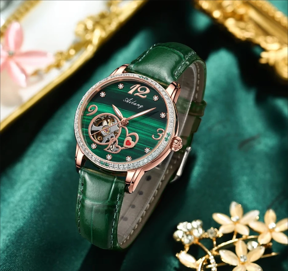 

AILANG Luxury Ladies Automatic Skeleton Mechanical Watch Waterproof with Luminous Diamond Accents Green Face Watch For Woman