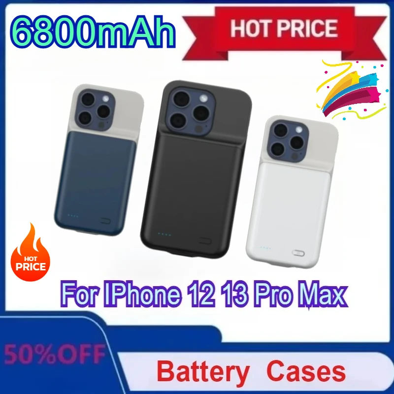 

New Upgraded 6800mAh for IPhone 12 13 Pro Max 13 12 Mini Battery Charger Cases Cover Black blue white