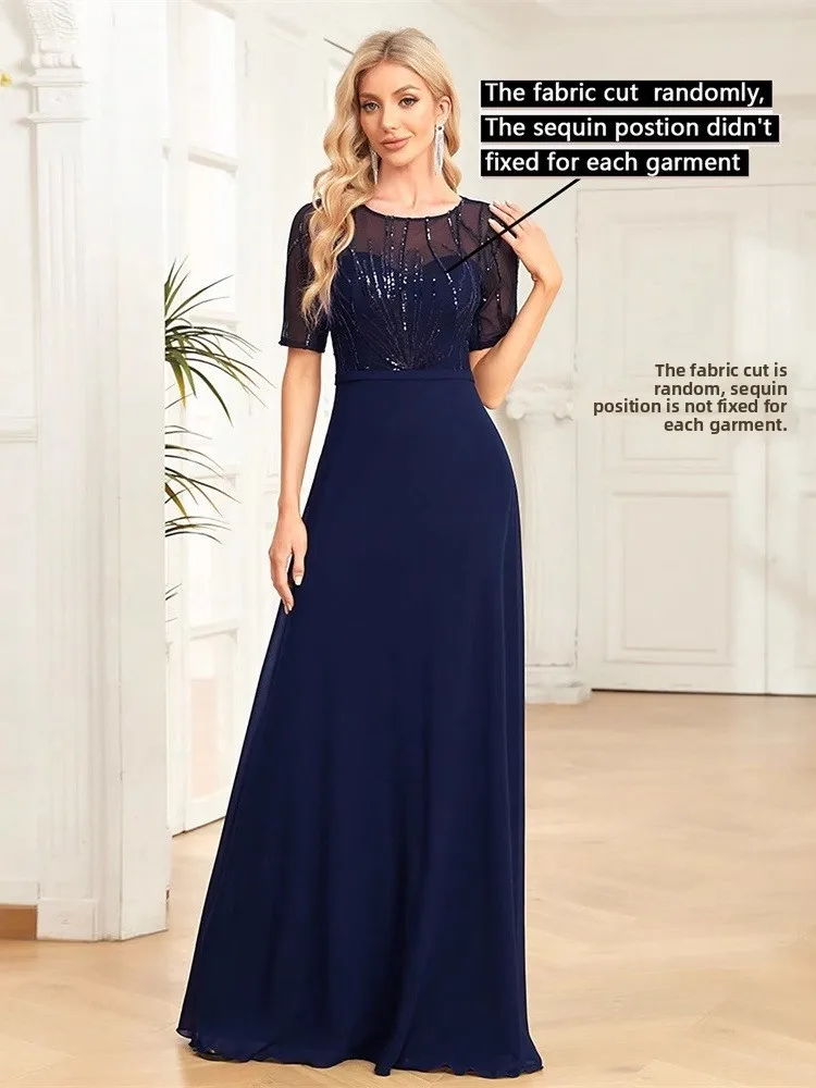 Vestido Longo de Manga Curta com Cauda de Sereia, Bordado com Flocos de Neve, Chiffon, Ajuste Slim, Vestido de Gala para Casa...