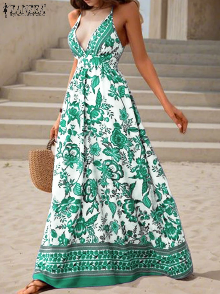 ZANZEA Sexy Spaghetti Strap Summer Long Dresses Women Elegant Maxi Sundress 2025 Halter Floral Print Beach Bohemian Party Robe