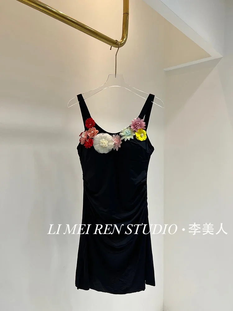 New Heavy Industry Flower Strap Skirt style one-piece swimsuit for women, waist cinching and slimming