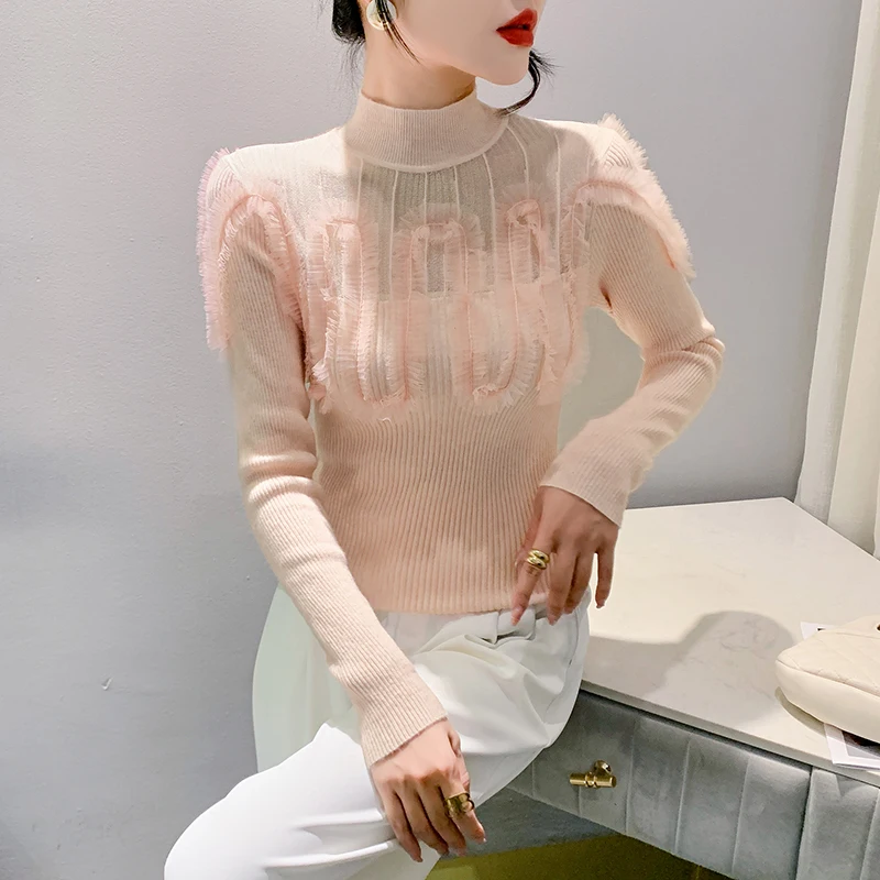 

2023 New Fall Winter High Quality Knitted Sweater Fashion Sexy Patchwork Lace Hollow Out Women Long Sleeve Elastic Tops 39237
