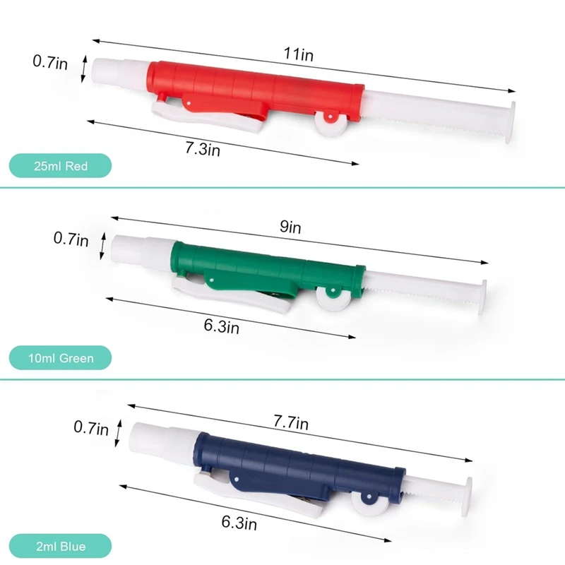 Pompe per Pipette, pompe portatili da laboratorio 3 pezzi: 2Ml blu, 10Ml verde, 25Ml rosso, Pipette in vetro o plastica adatte