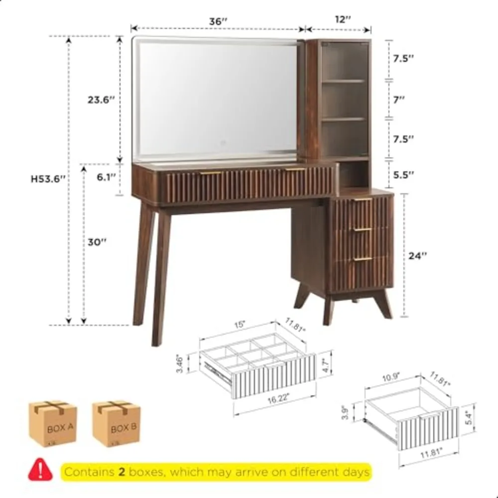 48" Fluted Makeup Vanity Desk with 36" Lighted Mirror, Dark Walnut | Smart LED Mirror, Visible Glass Top, 5 Drawers & image 2
