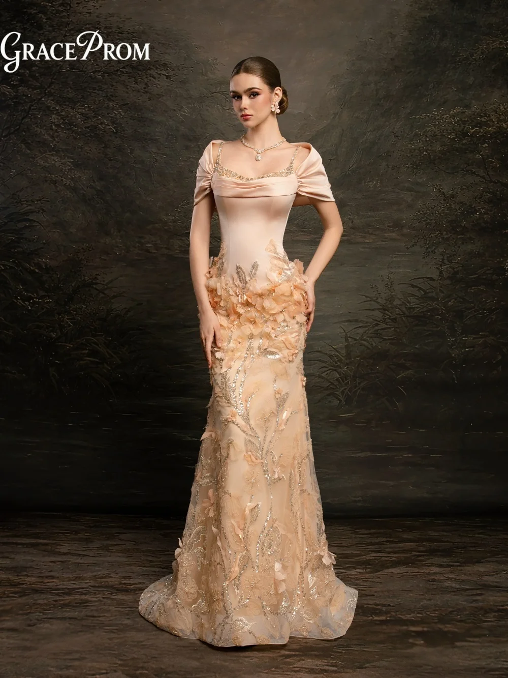 

Elegant Peach Satin Pleated Shoulder Appliqued Floral Sparkle Stem Party Dress Grazing Evening Gown Wedding Guests فساتين سهرة