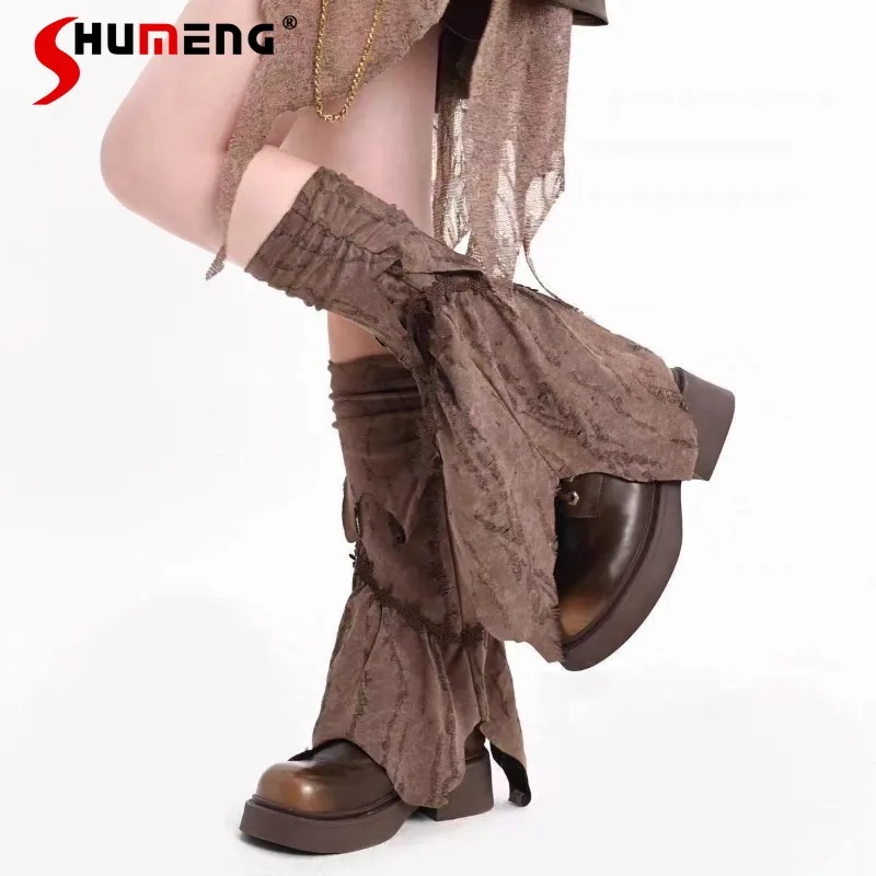 

New Japanese Y2k Subculture Brown Unique Design Leg Warmers Broken Retro Style Hot Girl Summer Cool Slim Fit Leg Socks For Women