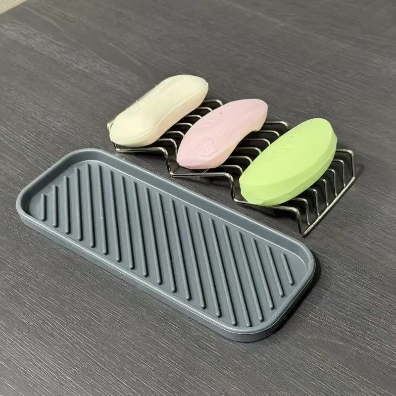 Self Draining 3 Bar Soap Holder With Rustproof Metal Rack Silicone Drain Tray For Bathroom Kitchen Shower Countertop