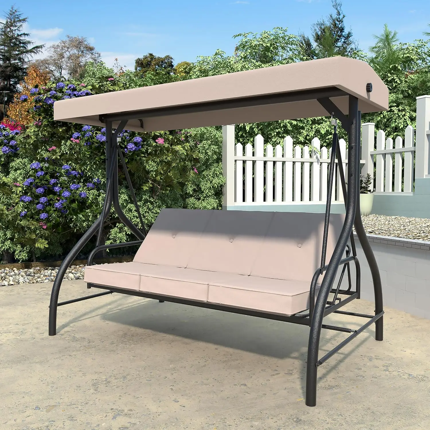 Veikou Outdoor Swing Chair, 3-Seater Porch Swing With Convertible Seat, Removable Cushions, Weather Resistant Steel Frame,