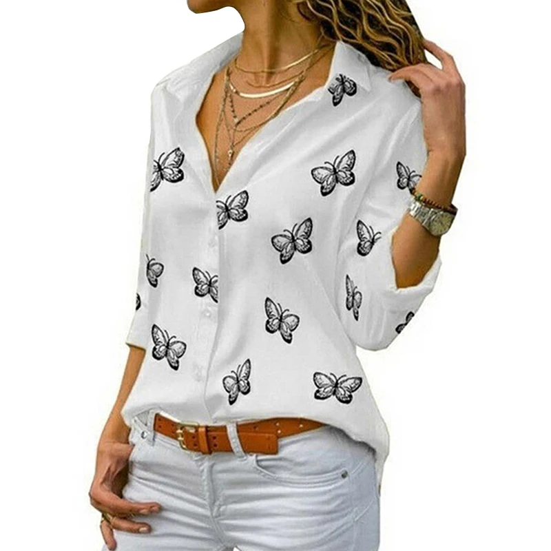 New Women\'s Fashion Shirt Clothing Loose Lapel Button T-shirt Butterfly Print Open Front Shirt Ladies Elegant Casual Blouses