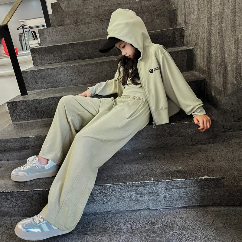 2026 Spring Autumn Girls Crop Zip Sweatshirt Jackets+Sweatpant Workout Sets School Kids 2PCS Tracksuit Children Jogger Outfits