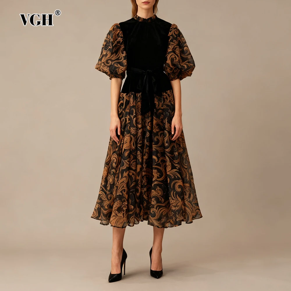 

VGH Elegant Vintage Printing Dress for Women Stand Collar Half Sleeve Patchwork Face Two Piece Set Autumn Vevet Dresses Female