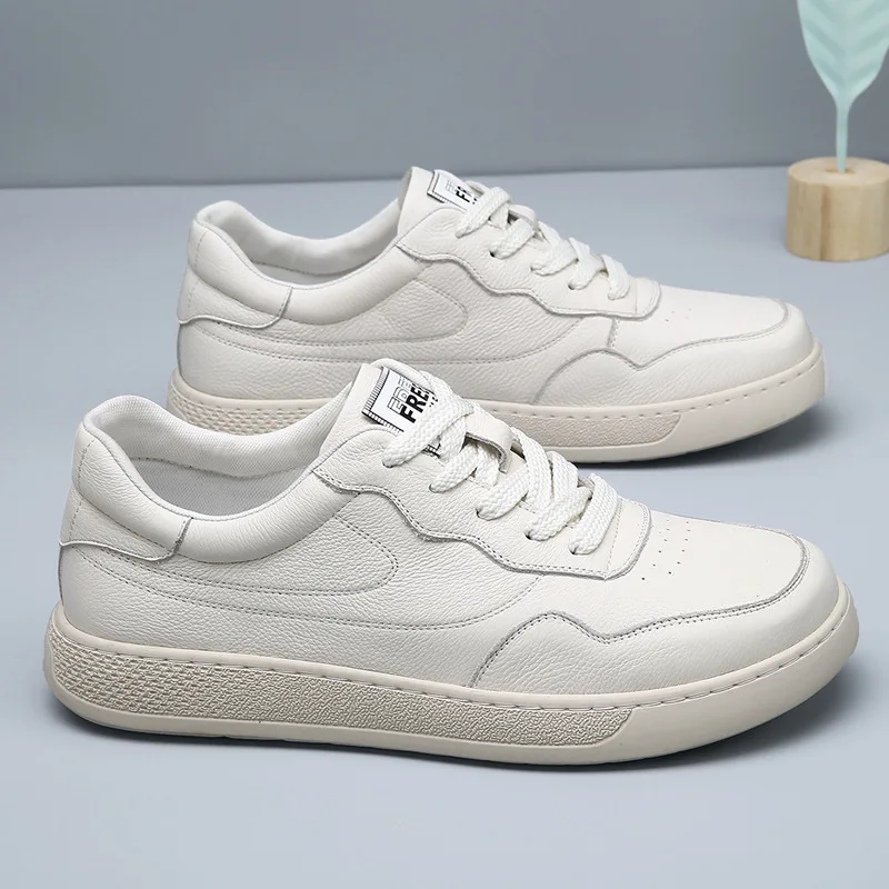 

Autumn New Shoes for Men Cow Leather Casual Shoes Concise Flat Skateboard Shoes Lace-up Sneaker