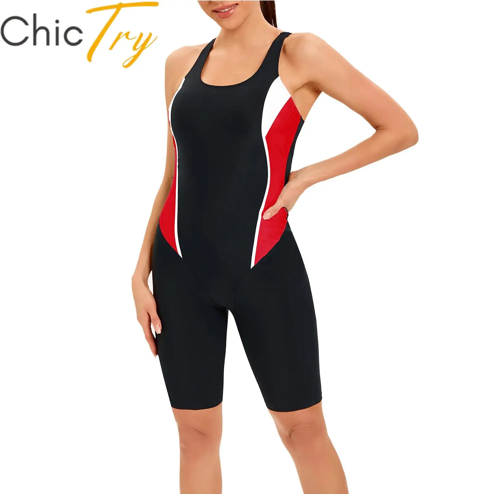 

Womens One-piece Swimwear Swim Leotard Sleeveless Hollow Back Patchwork Sport Swimsuit Athletic Training Beachwear Bathing Suit