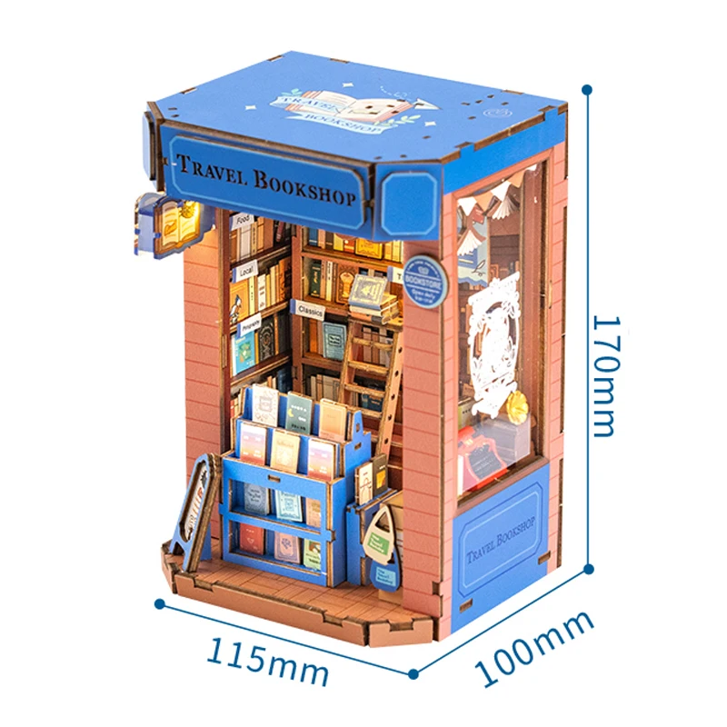 DIY Holz-Buchecke, Regaleinsatz, Reise-Buchhandlung, Buchstütze, Miniatur-Modellbausätze mit Licht für Freunde, Geburtstagsgeschenke