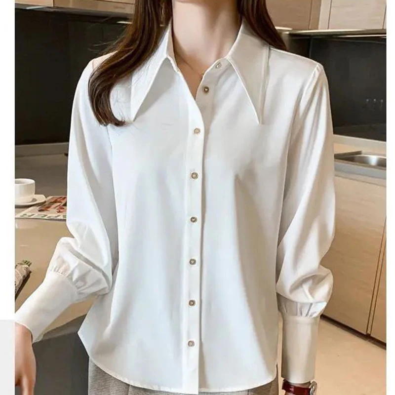 Women Chiffon Shirt Korean Elegant New White Turn Down Collar Female Blouse Summer Fashion Button Office Long Sleeve Ladies Tops