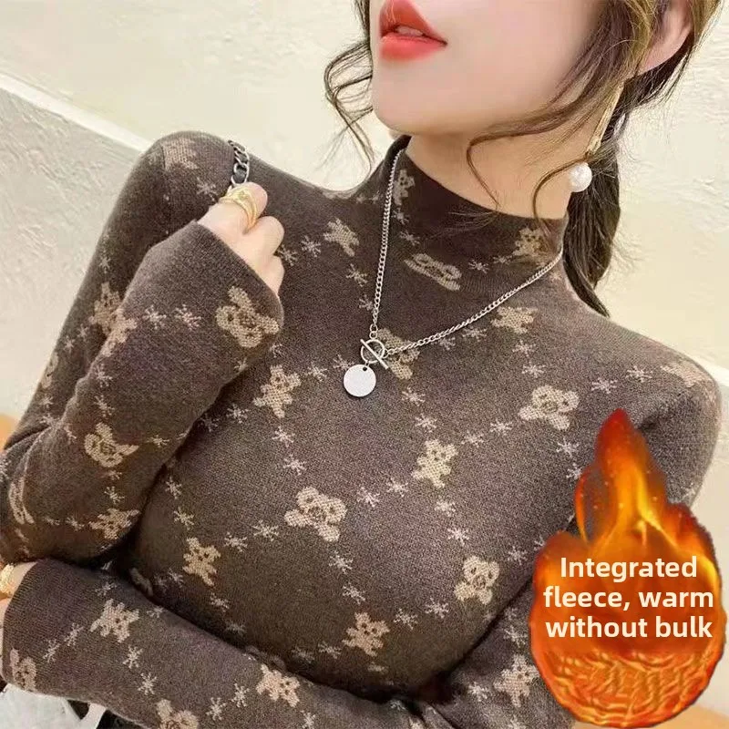 Women's Thickened Fleece Lined Half High Collar Base Shirt Fashionable Warm Inner Wear Integrated Fleece Long Sleeve T-Shirt