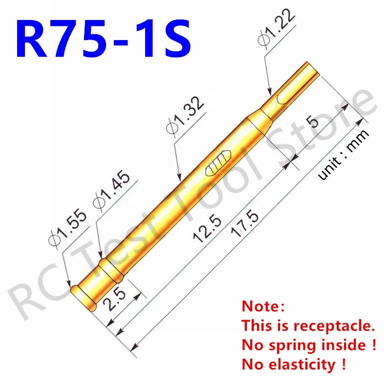 100PCS R75-1S Test Pin P75-B1 Receptacle Brass Tube Needle Sleeve Seat Solder Connect Probe Sleeve Length17.5mm Outer Dia 1.32mm