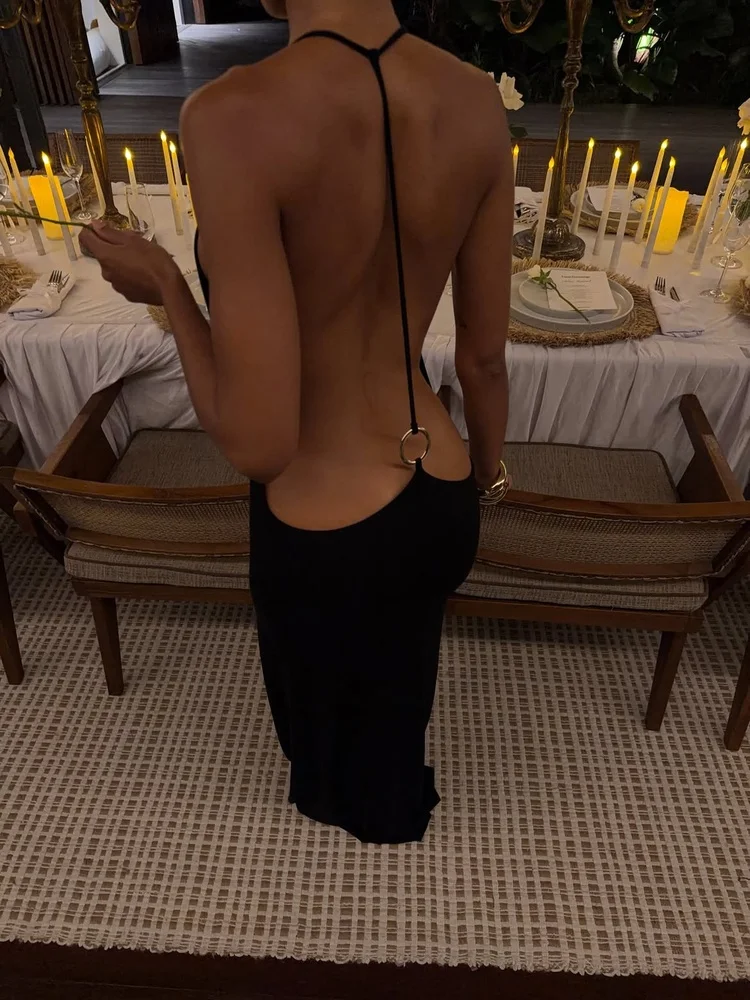 Women Halter Backless Bodycon Maxi Dress Open Back Spaghetti Strap Gold Ring Evening Party Gown Summer Beach Long Dress 2026 New