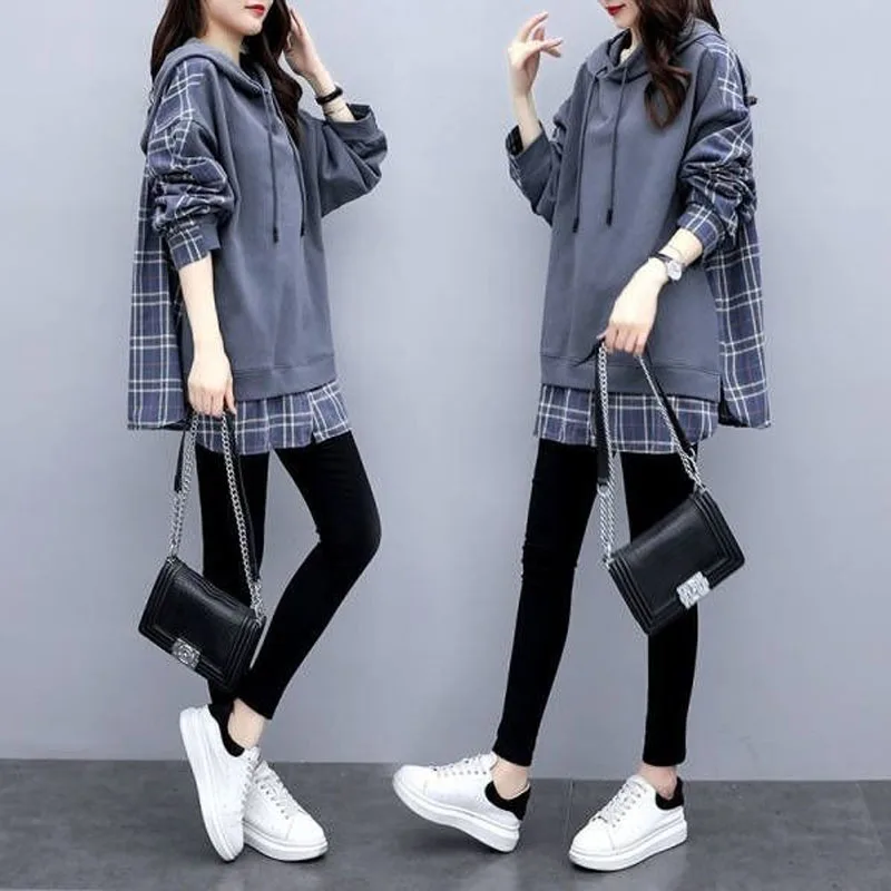 Loose Streetwear Thick Plaid Spliced Sweatshirts Two Fake Pieces Pullovers Hooded Mid-length Long Sleeve Wild Women\'s Clothing