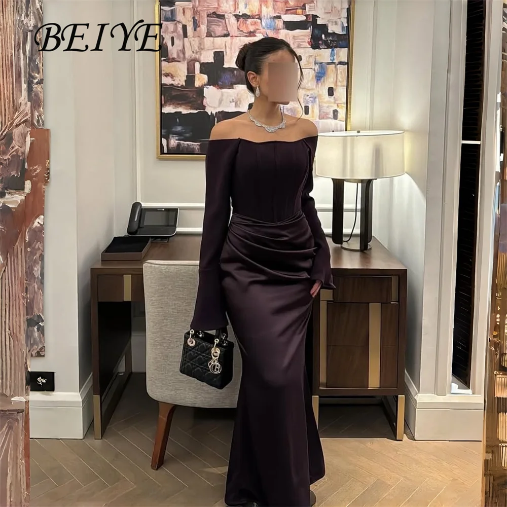 

BEIYE Classic Purple Satin Evening Dresses Women 2026 Long Sleeves Strapless Off The Shoulder Prom Dress Party Gown Customized