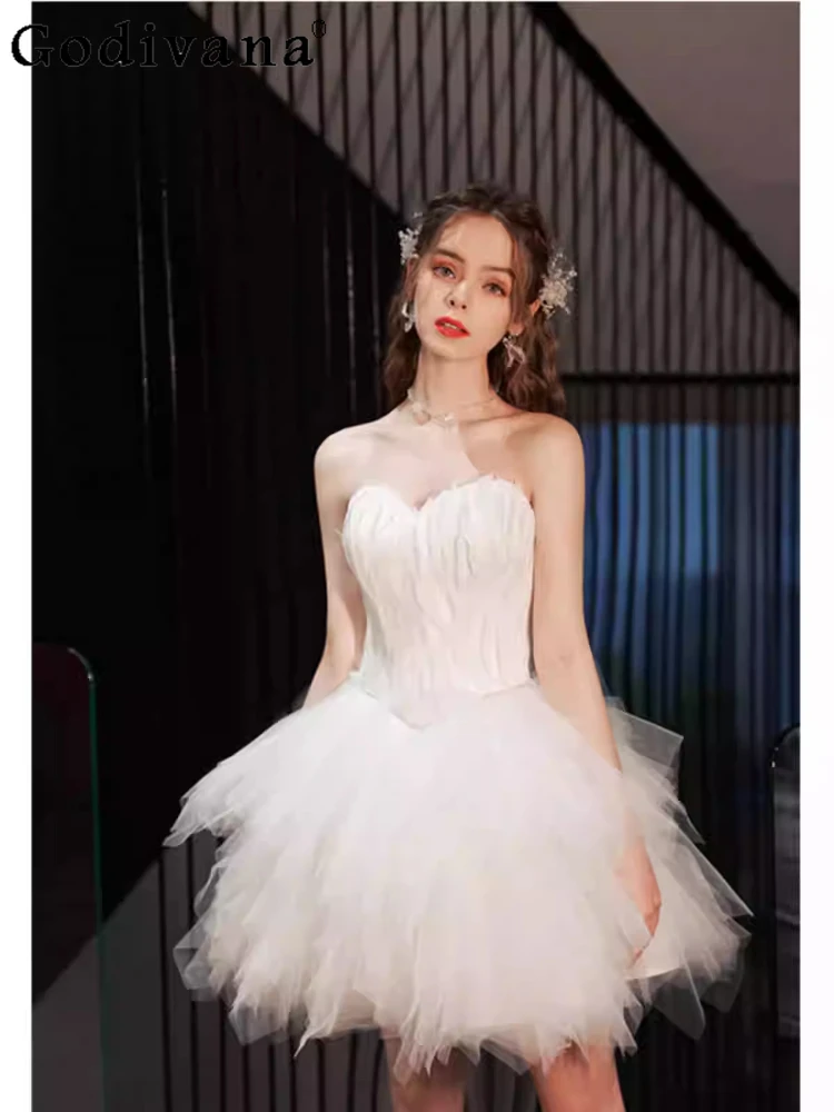 

3XL Sexy Feather Birthday Party Strapless Slim Korean Evening Dress Sweet Girl High Waist Fashion Temperament Versatile Dresses