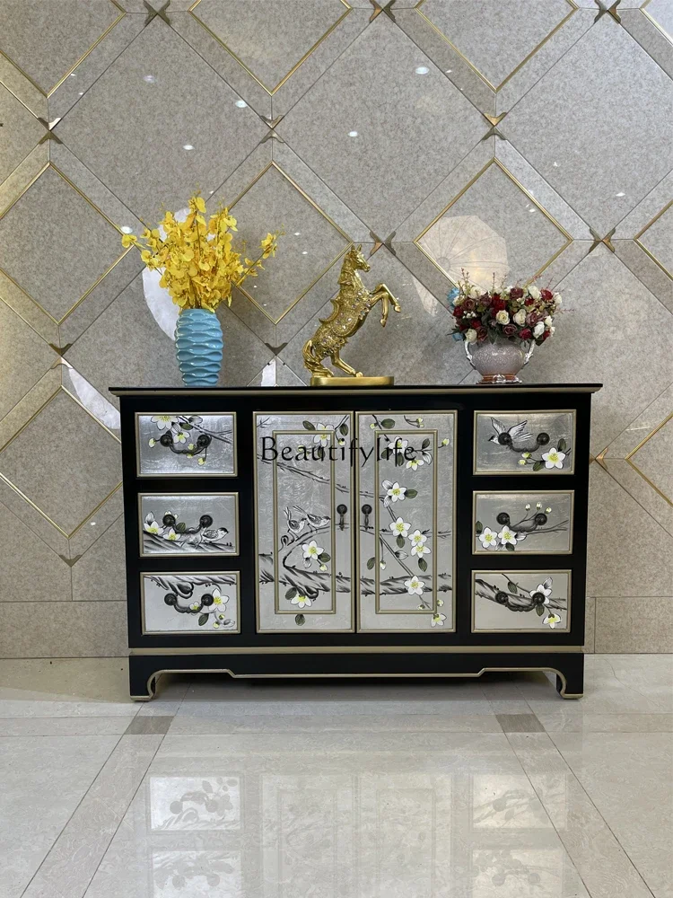 

FG40Chinese Style Silver Foil Painted Sideboard Cabinet Living Room Entrance Hallway Partition Decorative Storage Chest of Drawe