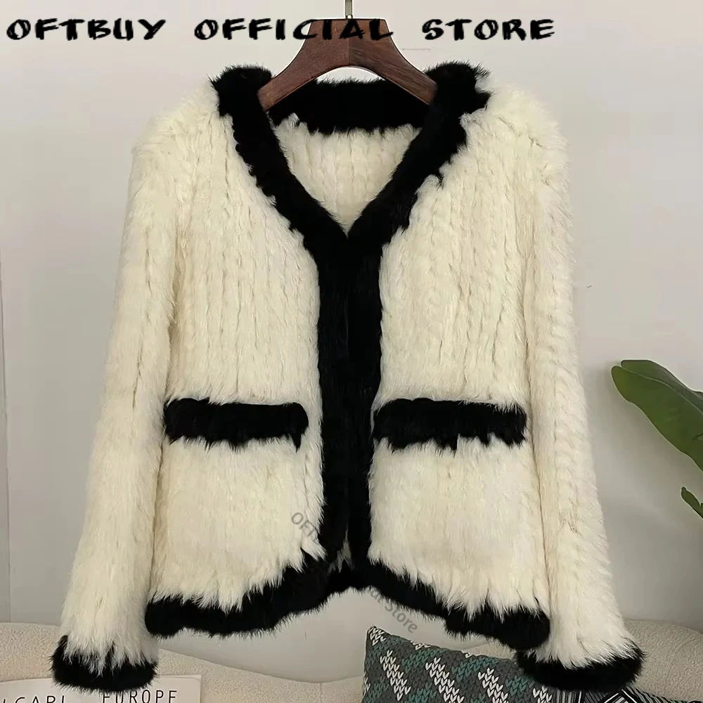Knitted Coat Women Spring Winter Real Rabbit Fur Female Casual Long Sleeve Genuine Real Fur Jacket Warm Thick Outwear Femme