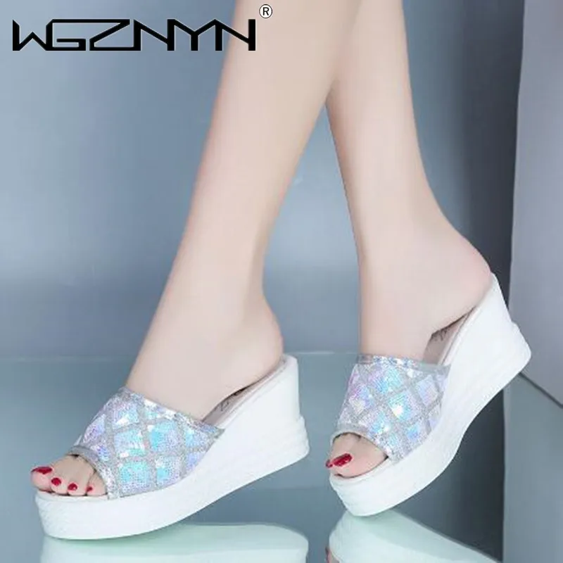 NEW Summer Women Sequined Cloth Slippers Bling Wedges Platform Beach Casual Slides Woman Shoes Ladies Slippers Footwear 2023