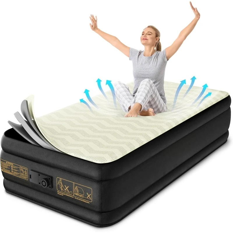 

18'' Foam Topper Inflatable Mattress,Luxury Blow Up Mattress 2 Mins Self-Inflation/Deflatio