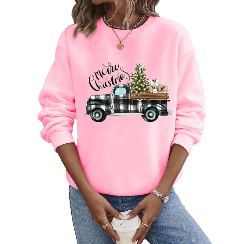 Crew-neck Hoodie Europe and The United States Christmas Long Sleeve Hot Christmas Plaid Truck Print  Hoodies Women  Sweatshirt