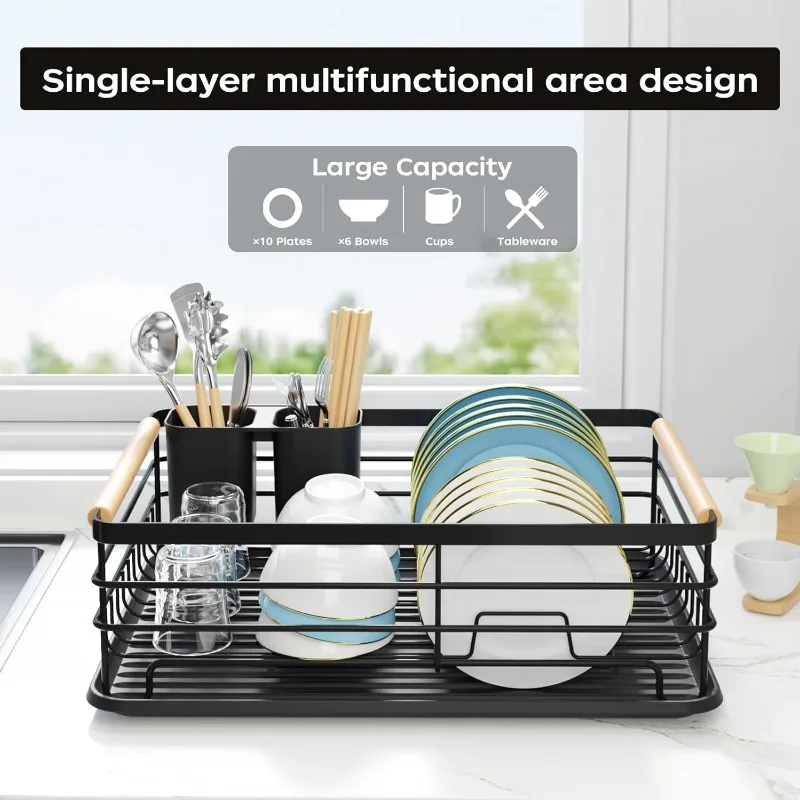 Kitchen Counter Tray: Thickened Metal, Unassembled, Wooden Handle. Small Tray Drying Rack: Suitable for Small Family Use. Drying