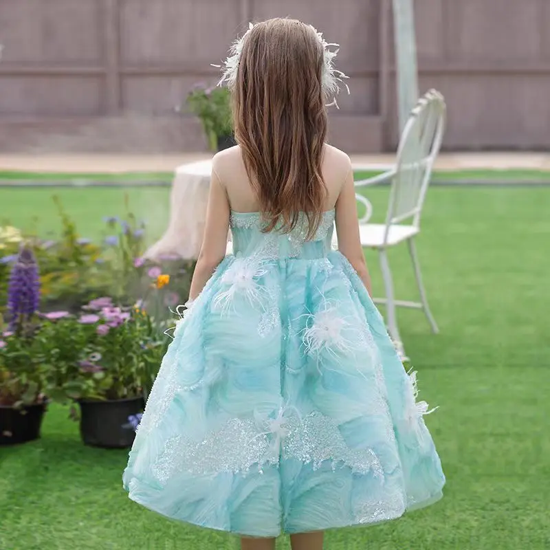 Luxury Turquoise Feathers Flower Girl Dress Princess Kids Wedding Pageant Birthday Performance Party Prom Gown J501