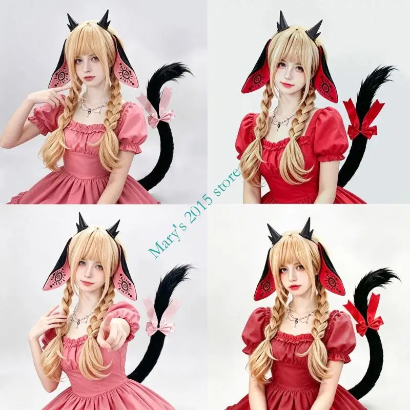 Women Plush Devil Sheep Horns Headbands Tail Halloween Costume Accessory for Cosplay Masquerades and Themed Party Outfits