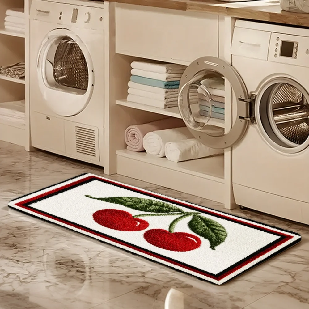 3PCS Mat Set,  Home Decoration for Front Door, Kitchen,  Cherry Pattern With Green Leaves On White Background Kitchen Rug.