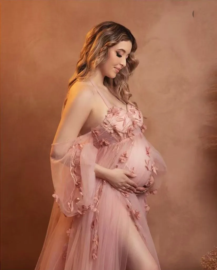 Sweet Photography Maternity Dresses with 3D Flowers Pink Pregnant Woman Photoshoot Dress Woman Tulle Maternity Gowns