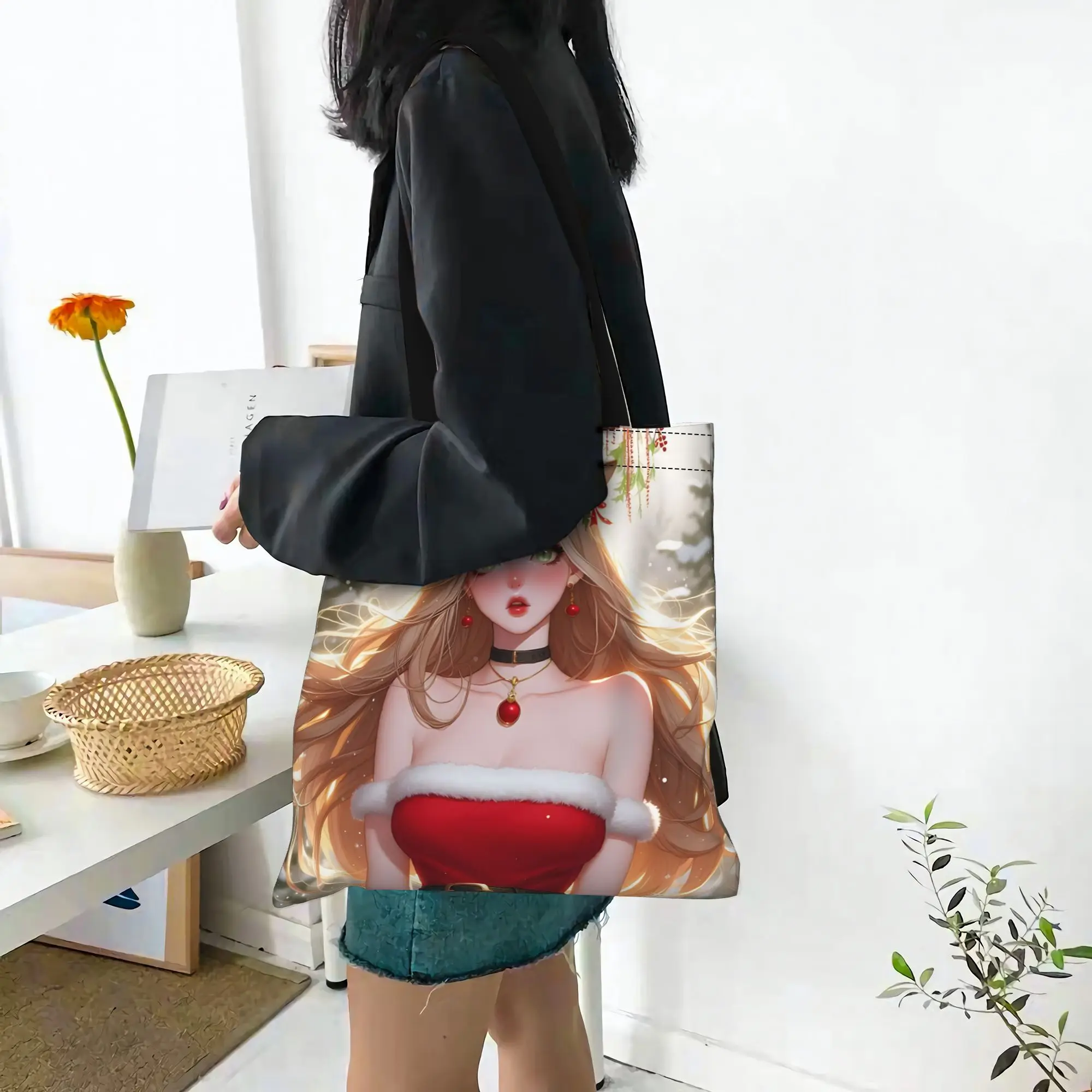 Fashion Women's Bag Fur Coat Anime Christmas Girl Print Shopping Bag Canvas  Canvas Tote Bag Women'S Shoulder Handbag Christmas