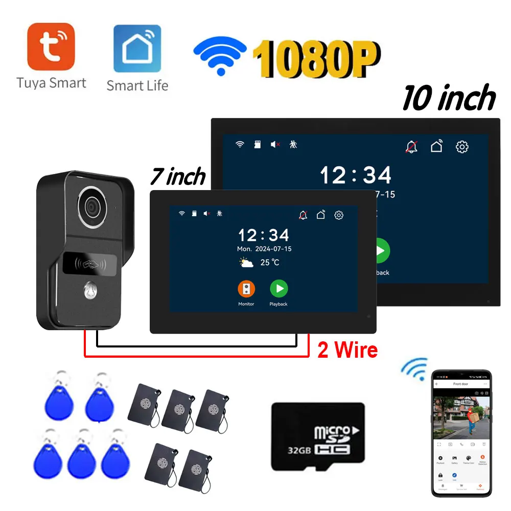 1080P 7/10 Inch Touch Screen Wifi 2 Wire Video Doorbell, Tuya Home Video Intercom 32G Card Rceord Kit Motion Detection ID Unlcok