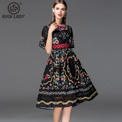 Women's Square Neckline Short Sleeves Floral Printed Embroidery High Street Elegant Runway Dresses