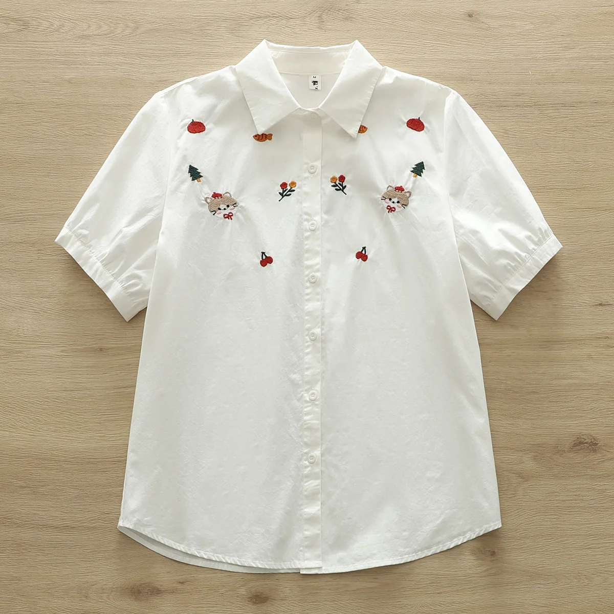 New Spring Cotton Embroidery Commute Shirt Women Lapel Short Sleeve Cute Top Girl Versatile Casual Blouses 2024 Autumn T45343QC