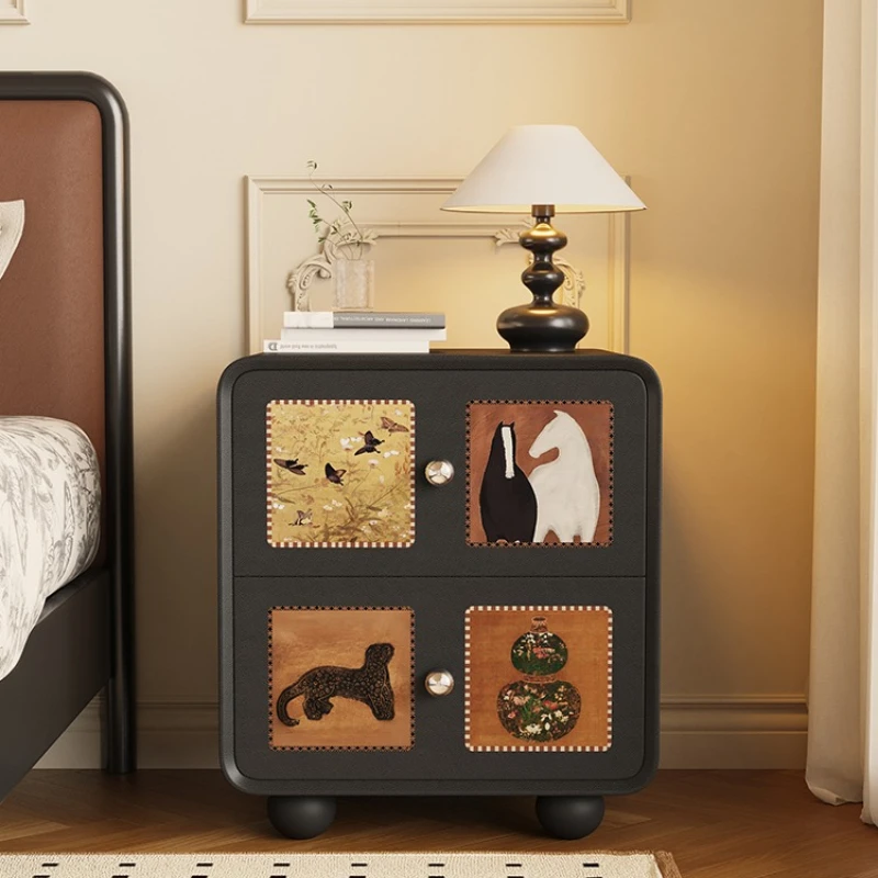 خزانة بجانب السرير إبداعية عتيقة لغرفة النوم المنزلية، خزانة تخزين سوداء، طاولة بجانب السرير من الخشب الصلب #1