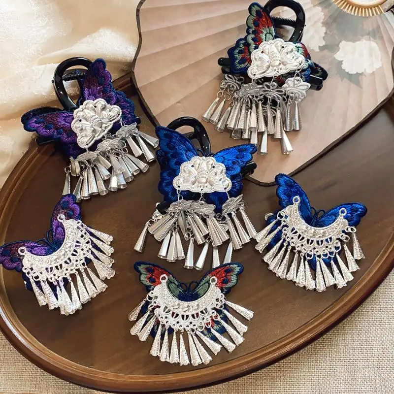 New Chinese Style Kniting Butterfly Hair Claws Women's Purple Long Flower Tassel Shark Grab Clips Vintage Hanfu Headpiece W